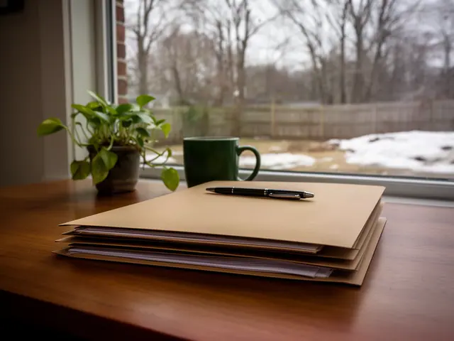A neat stack of closed manila folders and a pen on a desk by a window.