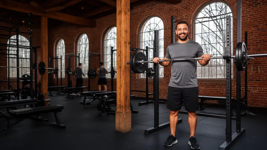 A smiling gym owner at a squat rack in a brick mill gym, two members training behind him.