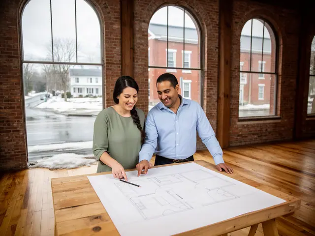 Two business partners looking over a pencil floor sketch in an empty storefront.